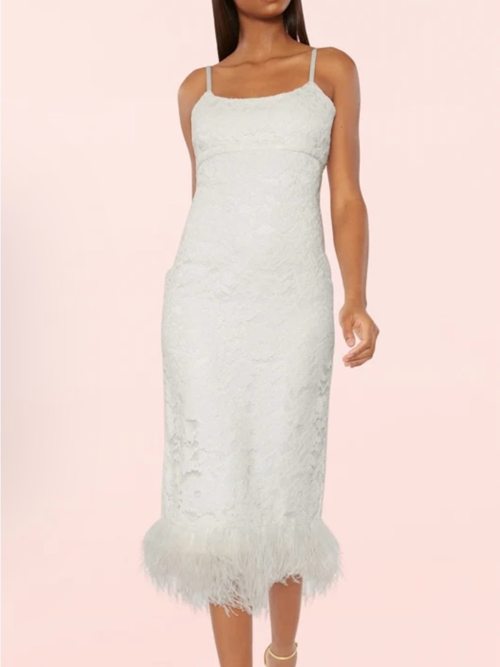Likely Mari White Lace Midi Dress with genuine ostrich Feather Hem